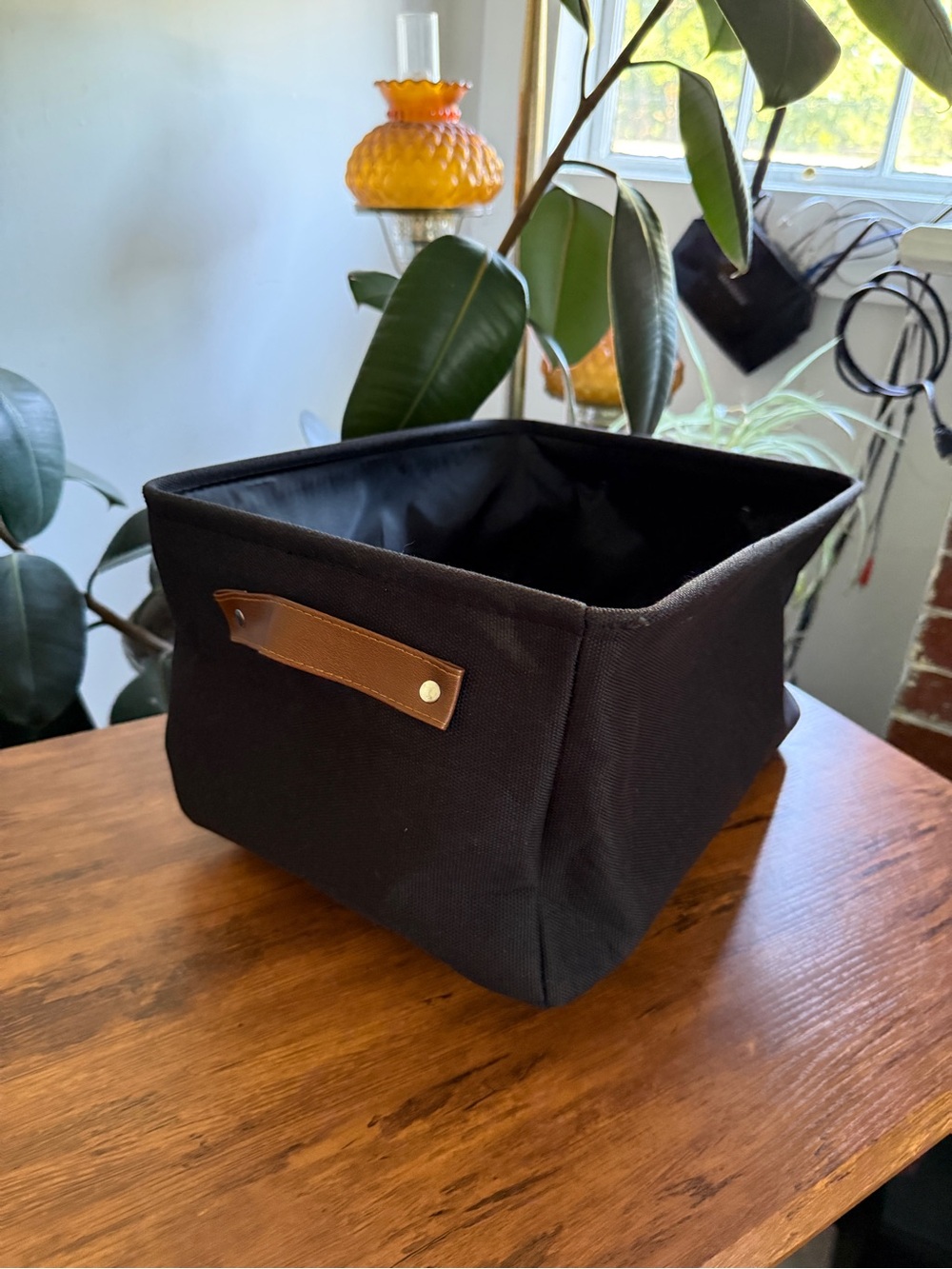 Mainstays Black Fabric Storage Bin with Brown Leather Handle